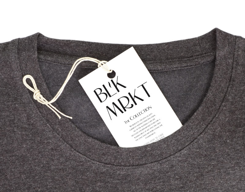 Dark grey t-shirt with a simple rectangular hang tag