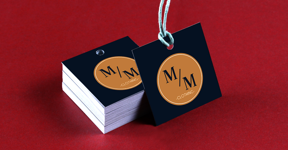Typographic clothing hang tags complement strong luxury brands. typographic square clothing hang tag example