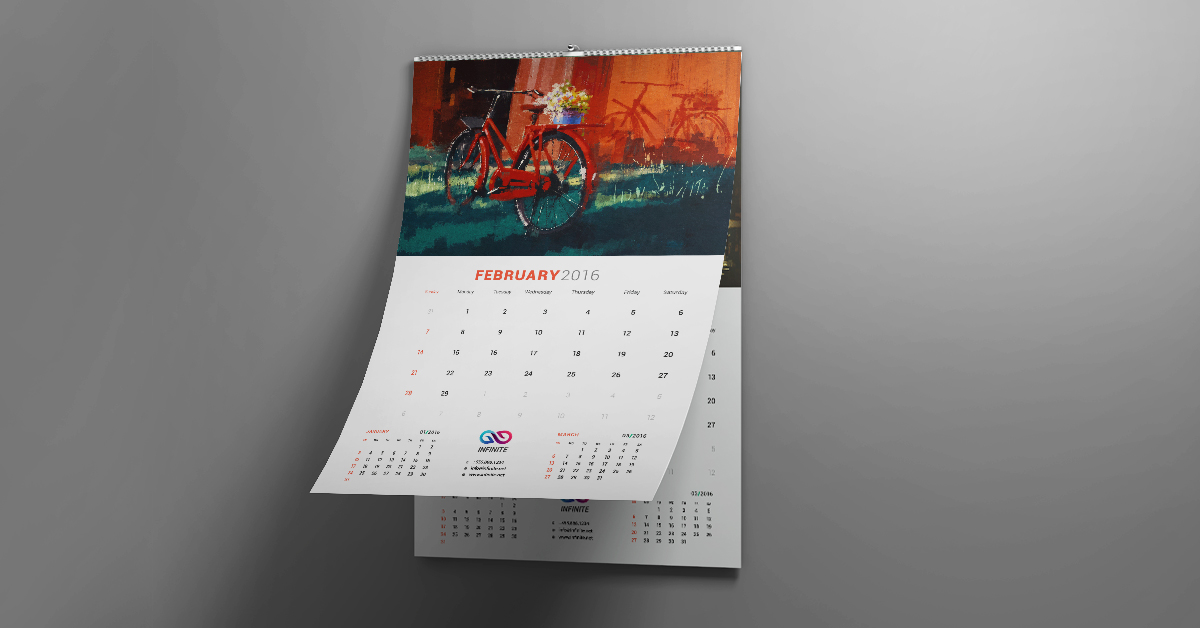 Try to consider how your calendars will be used before you order a specific type to minimize waste and maximize effectiveness. Wall calendar example with bike