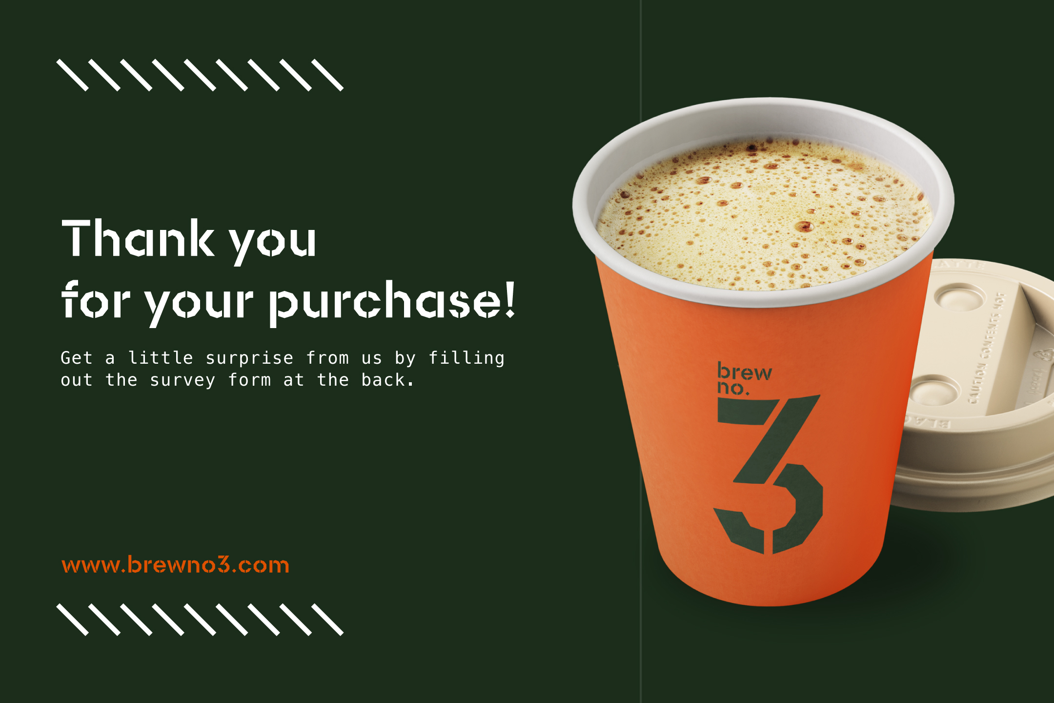 front view of postcard with thank you message and coffee in an orange paper cup